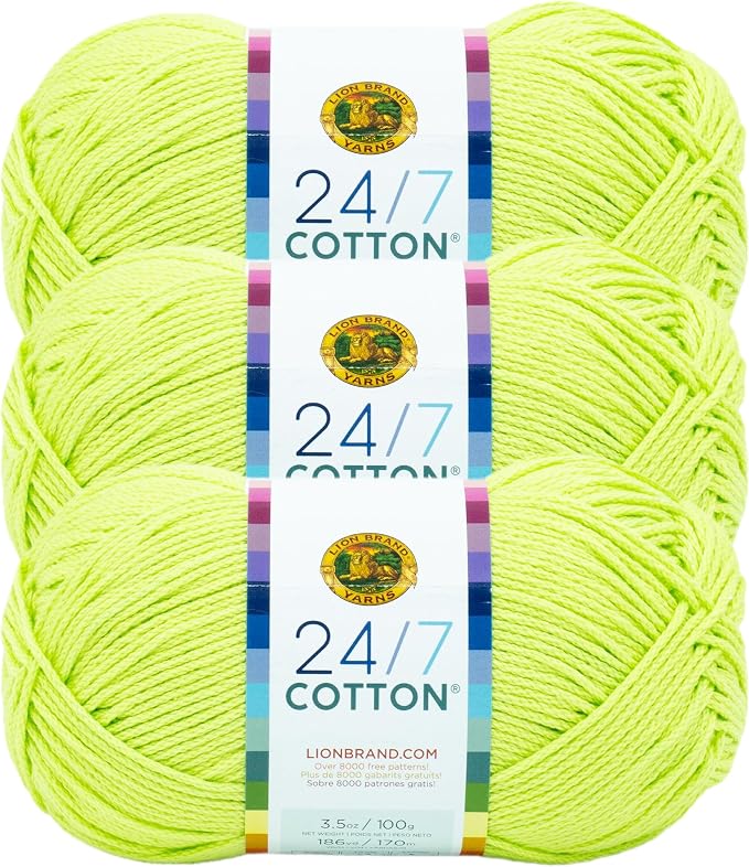 Lion Brand Yarn, 24/7 Cotton Yarn, Lime, Green, 3 Pack