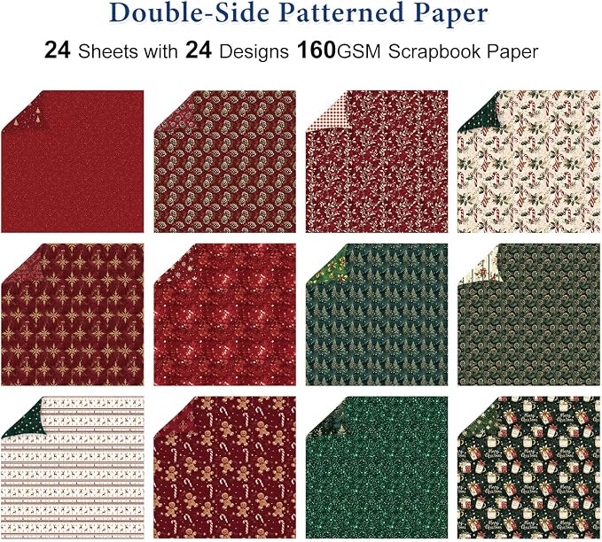 Christmas Scrapbook Paper Double Sided - 24 Sheets 12 x12 in Printing Pattern Decoupage Decorative Craft Paper Pad for Junk Journals Bullet Journal Card Making