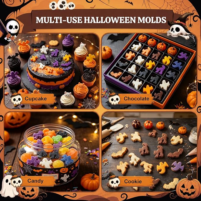 3 Pack Halloween Silicone Molds, Ghost Bat Black Cat Candy Chocolate Molds