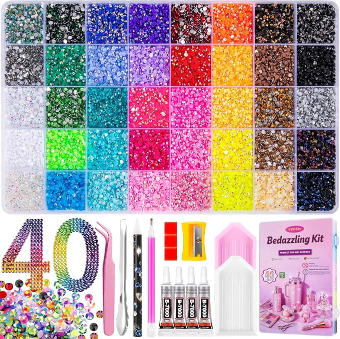 Bedazzling Kit 40000Pcs 40 Colors Resin Jelly Rhinestones, Multicolor 3mm Flatback Gems for Diamond Art, Bedazzler Kit with 4Pcs 10ml B7000 Jewelry Glue & Tools - Christmas Birthday Gifts for Women