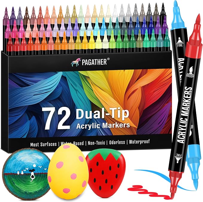 Pagather Acrylic Paint Markers, 72 Colors Dual Tip Fine & Brush Pens Set | For Rocks, Fabric, Wood, Glass & More, Perfect for DIY Crafts and Creative Art Projects with Bright, Smooth and Quick-Dry Ink