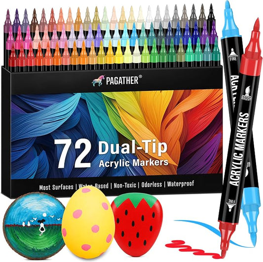 Pagather Acrylic Paint Markers, 72 Colors Dual Tip Fine & Brush Pens Set | For Rocks, Fabric, Wood, Glass & More, Perfect for DIY Crafts and Creative Art Projects with Bright, Smooth and Quick-Dry Ink