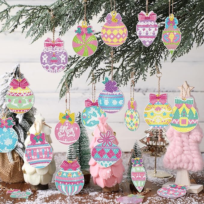 Tondiamo 20 Pcs Christmas Diamond Painting Keychain Kits 5D DIY Diamond Art Pendants Double Sided Hanging Key Chains for Christmas Party Decoration DIY(Macaron)