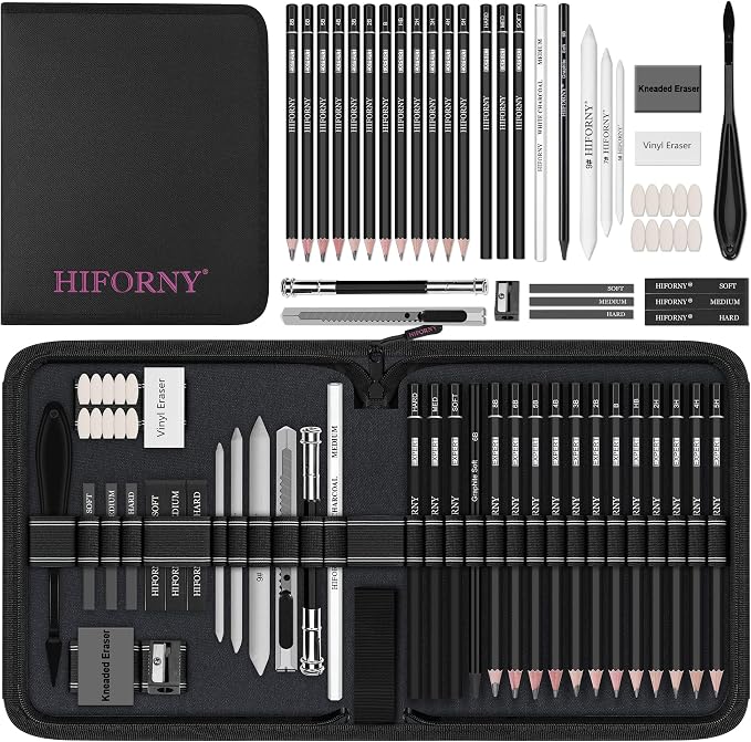 HIFORNY 42 PCS Drawing Set, Sketching Kit with Graphite & Charcoal Pencils, Blending Tools, Erasers & Accessories, Portable Zippered Travel Case for Artists & Beginners