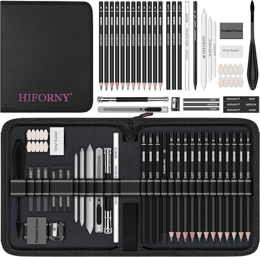 HIFORNY 42 PCS Drawing Set, Sketching Kit with Graphite & Charcoal Pencils, Blending Tools, Erasers & Accessories, Portable Zippered Travel Case for Artists & Beginners