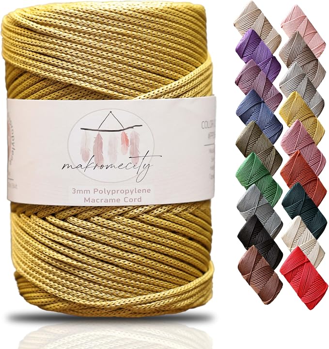 Makromecity, Premium Polyester Macrame Cord 3mm x 131 Yards (394 feet) 3mm Polypropylene Mustard Macrame Cord Crochet Macrame Bag Cord Crafts for Wall Hangings, Bags, Underplate, Rug