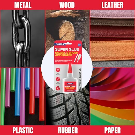 GH1200 (2-in-1) Super Glue with Brush Applicator & Nozzle, Mess Free Superglue Brush, Instant Never Dries, 3000 CPS Ca Glue, No Stain Clear Glue, Super Glue for Plastic, Rubber & More