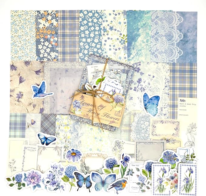 OKUPAN Vintage Floral Scrapbook Paper & Journaling Stickers (100pcs) Assorted Set (Blue) - Junk Journal Supplies for Bullet Journaling, Retro Crafts, Planner, Mixed Media, Collage Card Album
