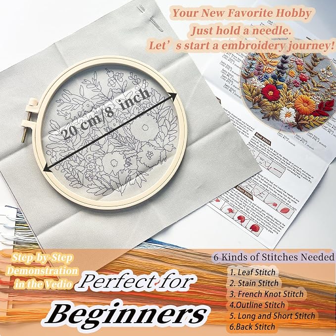 FONNUY Floral Embroidery Kit for Beginners, Colorful Flowers Pre-Stamped Pattern Kits for Adults with Hoop, Thread Needlework, 8'' Hoop (Daisy)