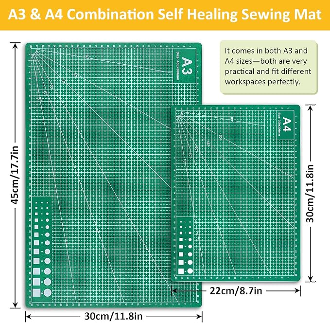 2 Pcs Large Cutting Mat Self Healing,Double Sided,Grid Line And Angles Help To Cut Precisely,Craft Mats for Scrapbooking, Quilting, Sewing and All Arts,Non Slip & Easy Clean ((A3 & A4 Green)