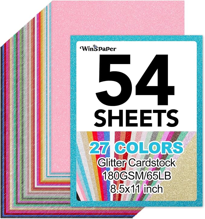 54 Sheets Glitter Cardstock Paper 8.5 x 11, 27 Colors, 230Gsm