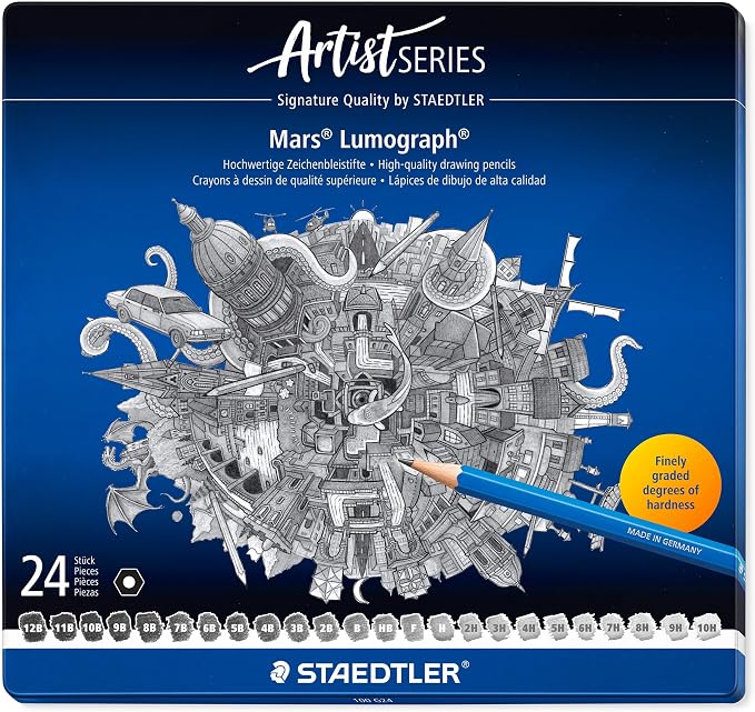 STAEDTLER Mars Lumograph Drawing Pencils: Set of 24 in Metal Case - Presharpened Graphite Art Pencils - Hardness Grades 12B-10H - For Drawing, Shading, Drafting & Illustrating - All Skill Levels