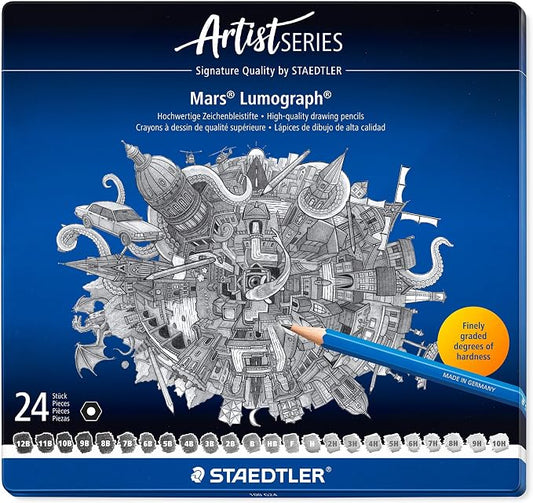 STAEDTLER Mars Lumograph Drawing Pencils: Set of 24 in Metal Case - Presharpened Graphite Art Pencils - Hardness Grades 12B-10H - For Drawing, Shading, Drafting & Illustrating - All Skill Levels
