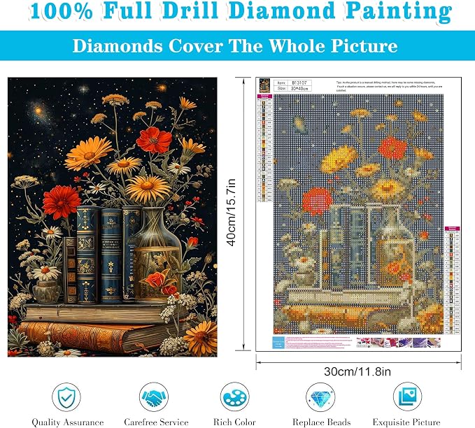 Diamond Art Kits for Adults Book Flowers Diamond Painting Kit 12x16in | 5D Floral Diamond Art Painting Kit for Adult, DIY Full Round Drill Book Gem Art Diamond Dots Kits for Home Wall Decor