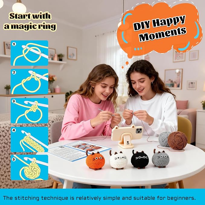 Joyclub Crochet Kit for Beginners 4 Cat Family with Video for Adults | Step-by-step video and 40% extra yarn support first projects for crochet starter; a amigurumi DIY gift for adult crafters