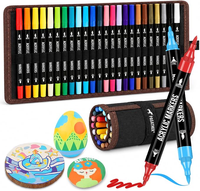 Pagather Acrylic Paint Markers, 24 Colors Dual Tip Fine & Brush Pens Set | For Rocks, Fabric, Wood, Glass & More, Perfect for DIY Crafts and Creative Art Projects with Bright, Smooth and Quick-Dry Ink