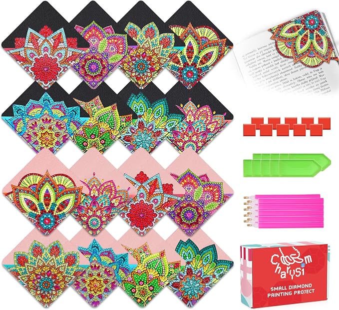 10 Individual Diamond Art Kit 16 PC Bookmarks Adult Bedazzling Craft Women | Diamond Painting by Dots Bead Leather Book Mark DIY Gem Dot Rhinestones for Ladies Night Party Mandala Bulk Kit