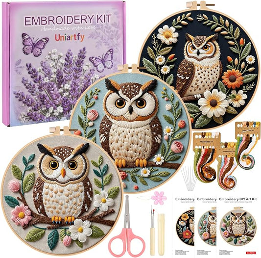 Uniartfy 3 Sets Embroidery Kit for Beginners with Owl Flower Pattern, Hand Needlepoint Kits for Adults, Embroidery Starter Kits with Hoops, Step by Step Video & Instructions, DIY Cross Stitch Kit