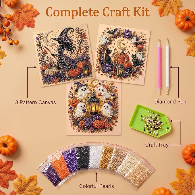 PYKI Halloween Ghost Pearl Art Kit - 3PCS 3D Diamond Painting for Adults, DIY Fall Home Decor, Beginner-Friendly Craft with Complete Supplies (Ghost+Pumpkin+Witch)
