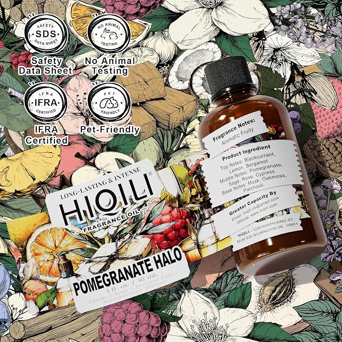 HIQILI Pomegranate Halo Fragrance Oil for DIY Perfume, Candles, Soap, Lotion & Pet Deodorizer, Fruity & Fresh Long-Lasting Scent, with Dropper - 1.0 Fl Oz(Pack of 1)