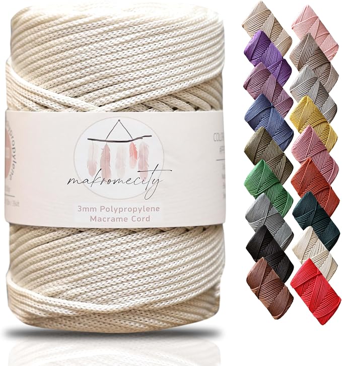 Makromecity, Premium Polyester Macrame Cord 3mm x 131 Yards (394 feet) 3mm Polypropylene Ecru Macrame Cord Crochet Macrame Bag Cord Crafts for Wall Hangings, Bags, Underplate, Rug