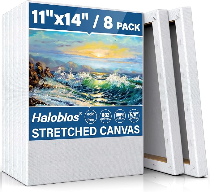 Halobios Blank Canvases for Painting with 11x14 inch, 8 Packs Stretched Canvases for Acrylics, Oils, Watercolors & Other Painting Media, 5/8 Inch Profile 100% Cotton Primed Artist Framed Canvas