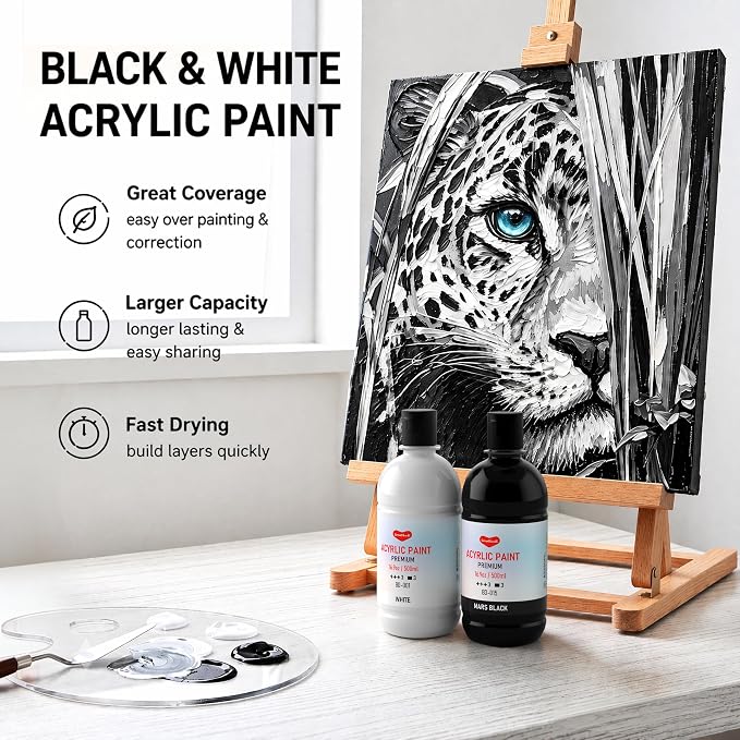 Smallbudi Black and White Acrylic Paint Set, 2 Bottles 16.9 oz/500 ml Each | Large Bulk Black Acrylic Paint & White Acrylic Paint, Non Toxic Craft Paint for Canvas, Wood, Ceramic, Fabric Crafts, DIY