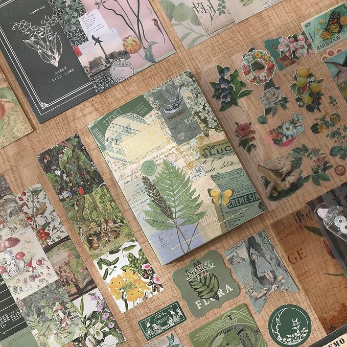 Scrapbook Photo Album Supplies Kit with Tweezers and Glue Tape, Green Aesthetic Vintage Junk Journal Scrapbooking Paper, Sticker Pack, Notebook Craft Supplies, DIY Gift for Adult Men Women (Wild Dome)