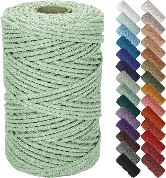 NOANTA Sage Macrame Cord 5mm x 109yards, Colored Cotton Rope Macrame Yarn | Macrame Rope Supplies, 3 Strand Twisted Cotton Yarn String, Cotton Cord for Wall Hanging, Plant Hangers, Crafts, Knitting