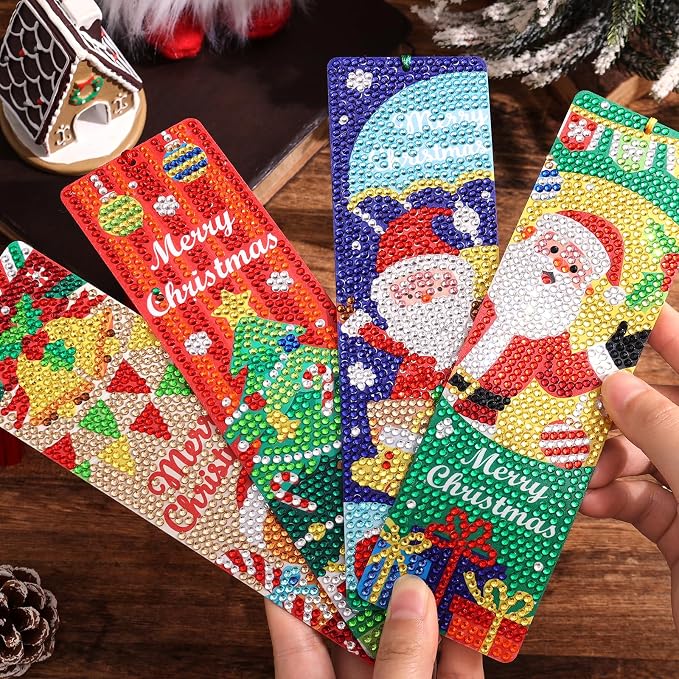 icceemee 4 Pcs Christmas Theme Diamond Painting Bookmarks, DIY Diamond Art Kits for Adults, Book Corner Protecting Bookmark Craft Supplies Kits for Book Lovers