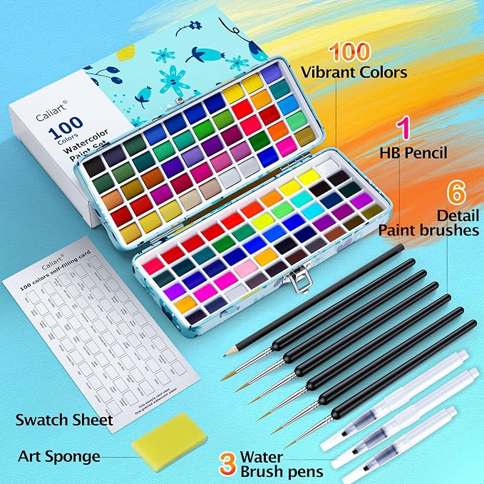 Caliart 100 Colors Watercolor Paint Set, Portable Art Supplies Palette Kit | Travel Metallic Water Color Paints, Art Coloring Painting Gifts for Adults Professionals Beginners Artists