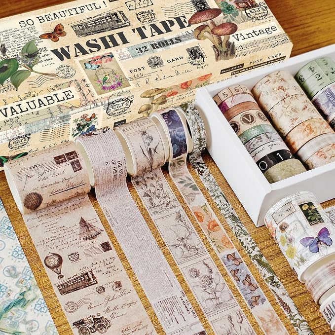 Vintage Washi Tape Set for Scrapbooking & Journaling - 32 Rolls Floral, Cute Decorative Tapes with Assorted Widths, Retro Aesthetic DIY Gift for Bible, Bullet, Junk Journal Supplies (Christmas Tape)