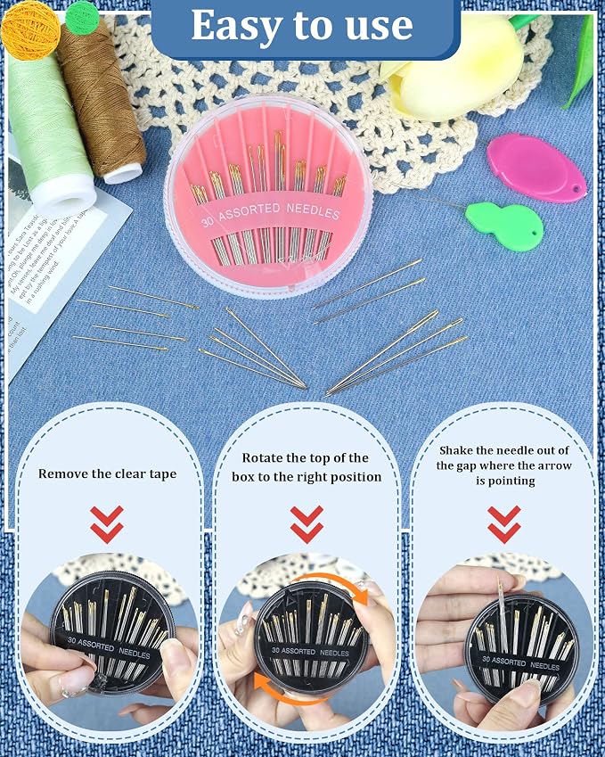 30-Count Steel Sewing Needles for Hand Sewing, 6 Sizes Large Eye Embroidery and Hand Quilting Needles Kit with Threaders for Art & Craft Projects（Pink）