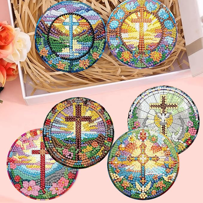 mrpwnle 8 Pack Diamond Art Coasters Kits - Cross Diamond Painting Coasters