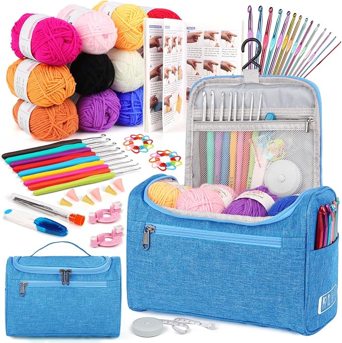 Aeelike Crochet Kits for Beginners Adults Kids, Complete Crochet Set, Blue | Crochet Kit for Beginners Young and Old, All-inclusive Kit with Crochet Hooks 655 Yards Yarn Instruction Knit Bag, Ideal Gift