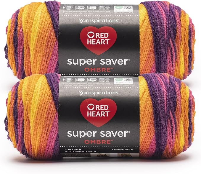 Red Heart Super Saver Ombre Yarn for Crocheting, Sunset, 2-Pack | #4 Medium Worsted Weight 100% Acrylic Ombre Yarn for Blankets, Scarves, Hats, and Sweaters, 482 yards, 283g/10oz