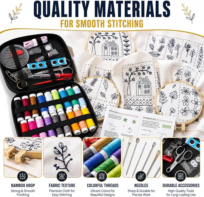 Embroidery Kit for Beginners | Video Tutorial, 3pcs Hoops, 106 Patterns, 65 Water Soluble Designs, 86PCS Sewing Supplies Set | Cross Stitch Book Kit | DIY Needlework Starter Craft Gift for Adults