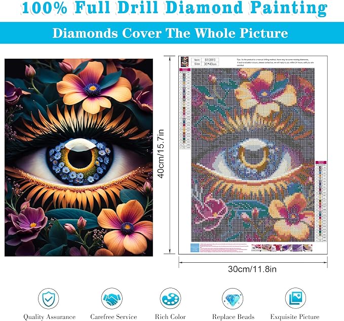 Meothan Diamond Art Kits for Adults Eye Flower Diamond Painting Kit 12x16in | 5D Eye Diamond Art Painting Kit for Adult, DIY Full Round Drill Flowers Gem Art Diamond Dots Kits for Home Wall Decor Gift