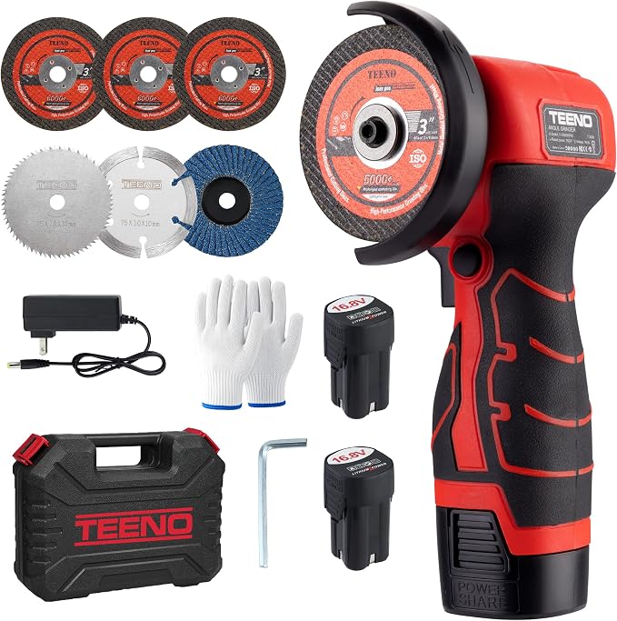 TEENO Cordless Angle Grinder Kit, 19,500 RPM Mini Electric Angle Grinding Tool with 2 pcs 16.8V 2000mAh Batteries and 6 Cutting Discs, 3-Inch Handheld Grinder for Metal/Wood Cutting and Grinding