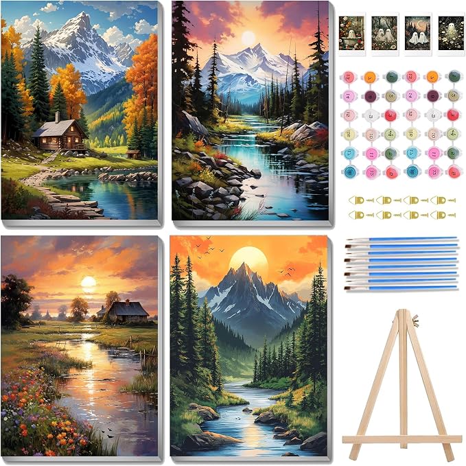 4 pack Mountain Paint by Numbers Kit for Adults Beginner With Framed,Countryside Easy Adult Paint by Number Kits on Canvas DIY Painting for Beginners Art by Numbers for Home Wall Decor 10x12 Inch