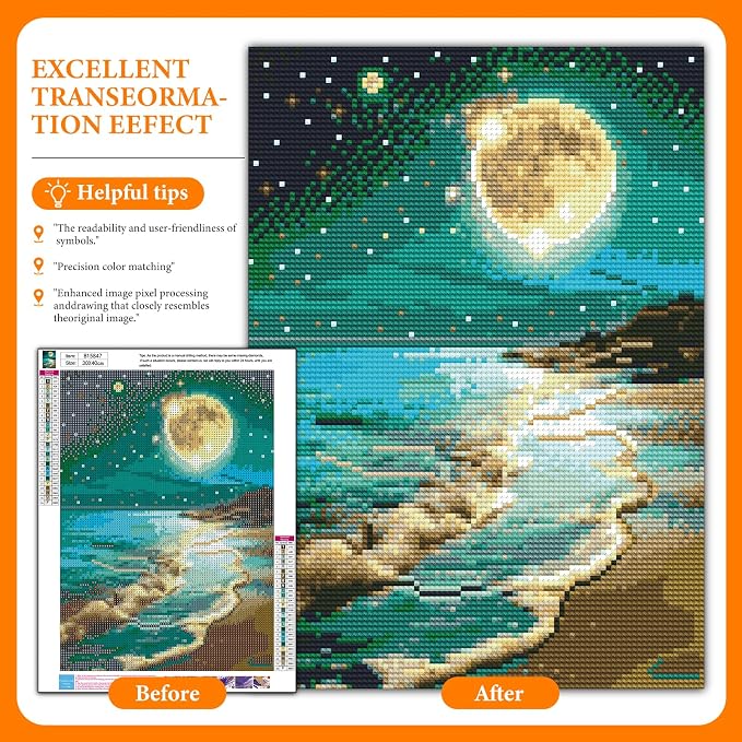 Diamond Art Kits for Adults, Beach DIY 5D Diamond Painting for Beginners | 12x16 Inch, Full Drill Round Dots, Seaside Moon Gem Art Craft Kits, Home Wall Decor, Stress Relief Relaxing Hobby Gift