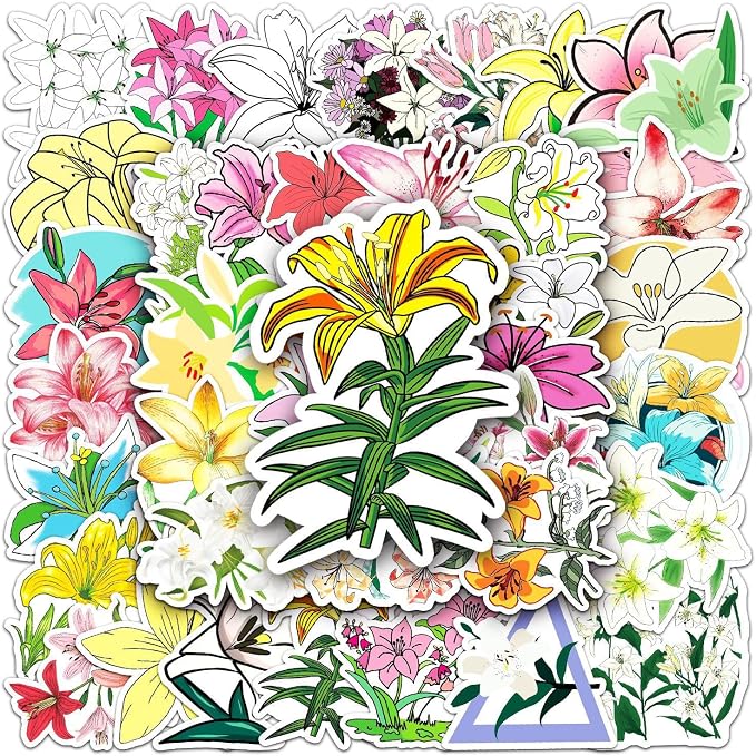 Lily Flower Stickers Pack 50 PCS, Botanical Aesthetic Vinyl Waterproof Die-Cut Floral Sticker for Water Bottle Laptop Cars Guitar Skateboard Bumper Vintage Waterproof for Teens Adults (Colourful-F12)