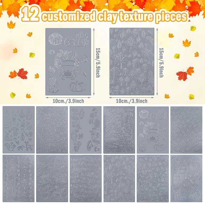 DoubleFill 12 Pcs Fall Polymer Clay Texture Sheets Set, Maple Leaves, Pumpkin Miniature Clay Molds Pine Cone Pattern Silicone Polymer Clay Molds for Fall Autumn Thanksgiving Jewelry Earrings Making