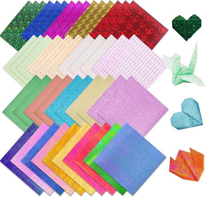 JoyCat Specialty Origami Paper Kit, 200 Assorted Finish Sheets, 6x6 Inch | Includes holographic laser, pastel glitter, glow-in-the-dark and embossed sheets for varied origami and DIY crafts.