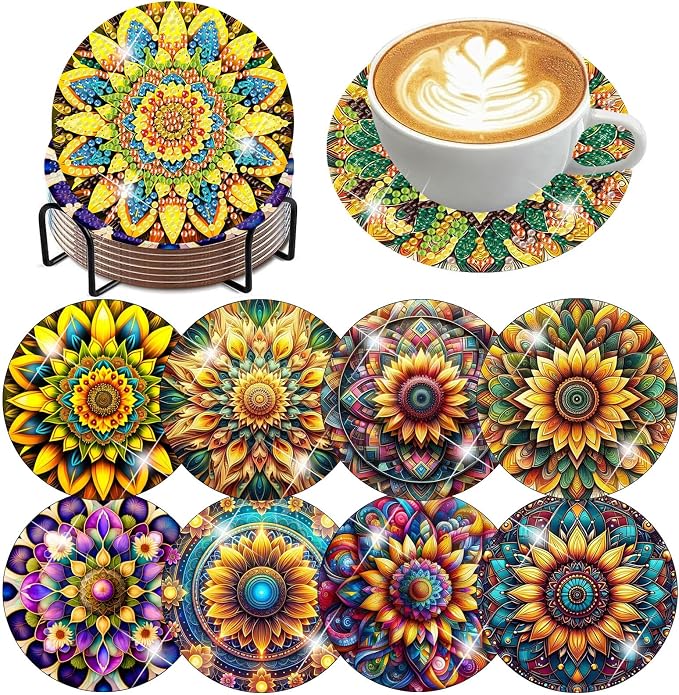 mrpwnle Diamond Art Coasters Kits, 8Pcs Mandala Diamond Painting Coasters