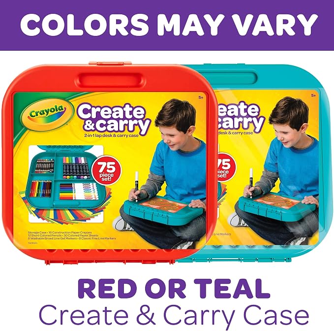Crayola Create 'N Carry Travel Art Set for Kids (75pcs), 2-in-1 Lap Desk & Carrying Case, Essential Art Supplies Kit, Spring Crafting, Gift for Kids | Portable Art Set for Kids, Colored Pencils, Crayons, Markers, Drawing, Coloring, Crafting Gift for Bo...
