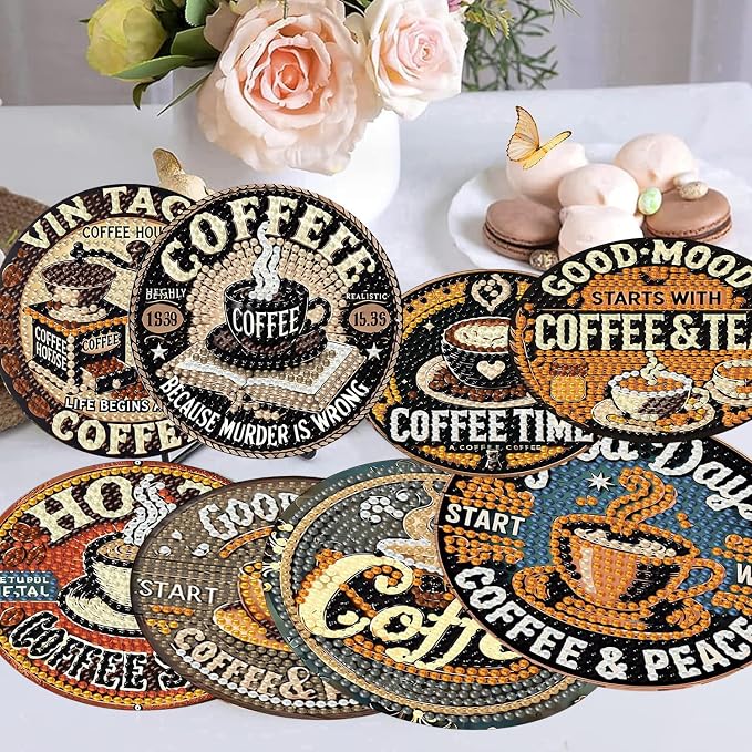 8Pcs Coffee Diamond Art Coasters Kits, Diamond Painting Coasters Kit