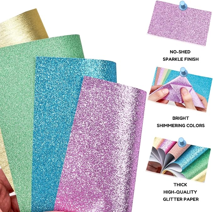 JoyCat Pastel Glitter Origami Paper, 50 Sheets, 5 Colors, 6x6 Inch | Five soft glitter colors add delicate shimmer to origami, party decor, gift accents, journaling and romantic paper crafts.