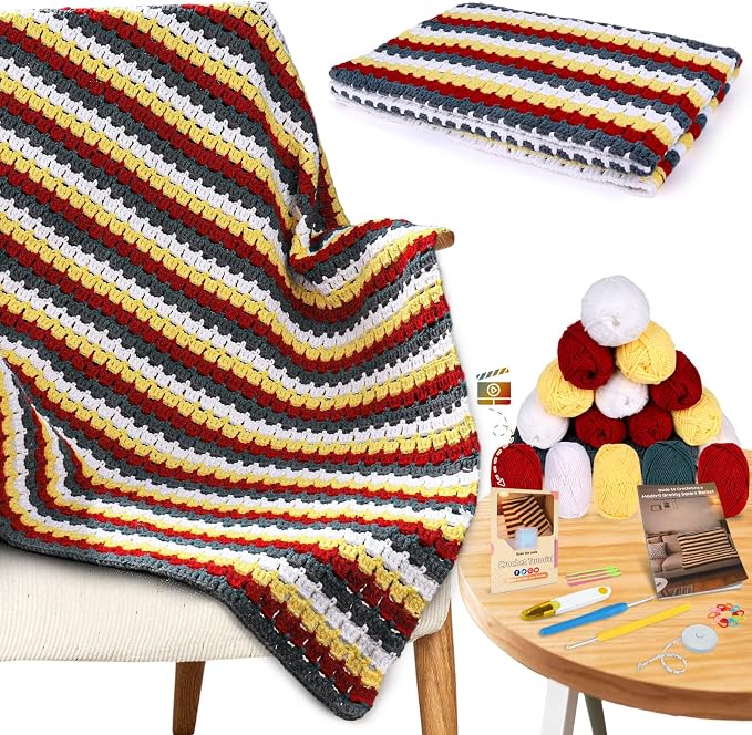 Aeelike Crochet Blanket Kit for Beginners, Colorful Mosaic Stripe,42PCS