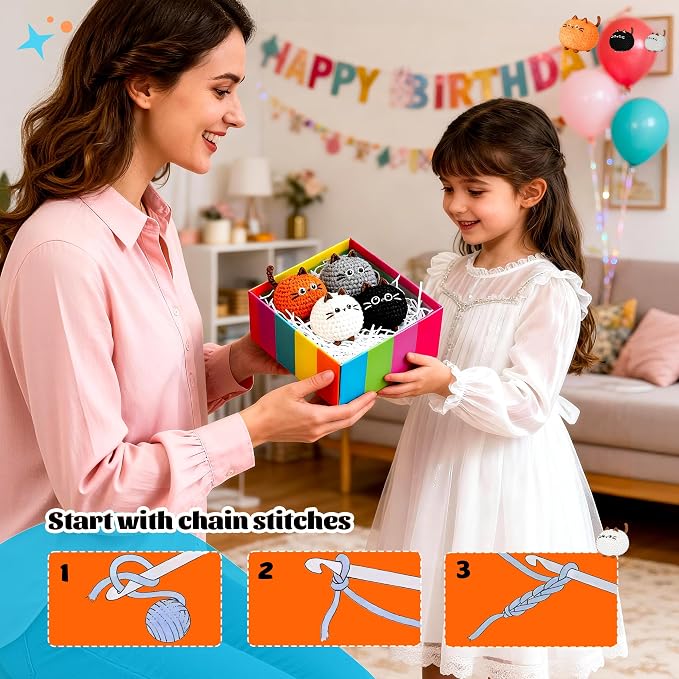 Joyclub Crochet Kit for Beginners 4 Cat Family with Video for Adults | Step-by-step video and 40% extra yarn support first projects for crochet starter; a amigurumi DIY gift for adult crafters